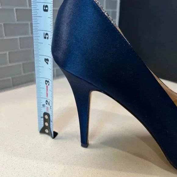 Worn Navy Satin Open Toe Heels Size 10 - Picture 5 of 16